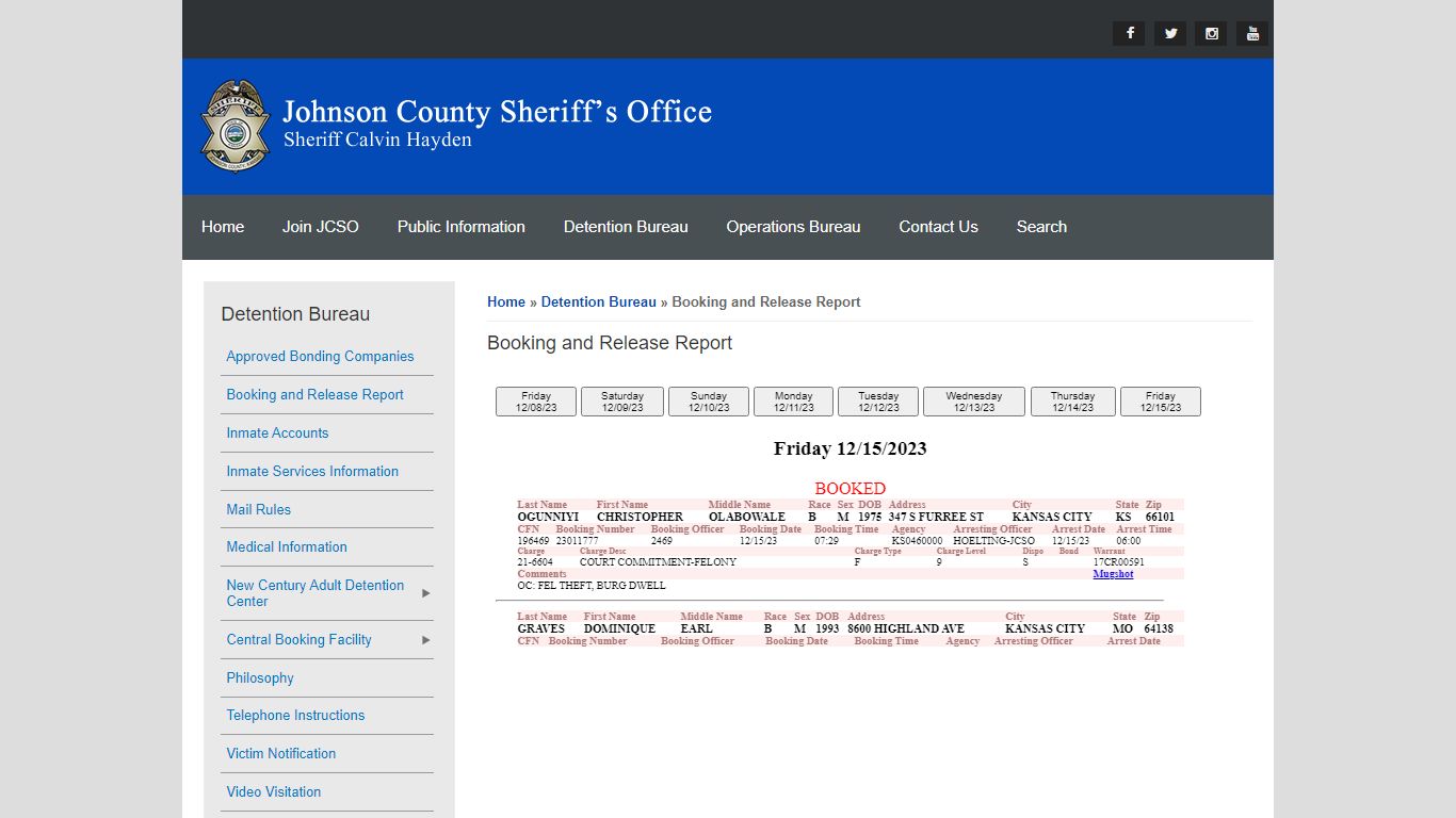 Booking and Release Report | Johnson County Sheriff